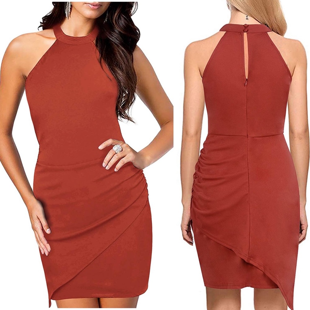 Halter Neck Bodycon Midi Cocktail Party Dress - Picture 7 of 7